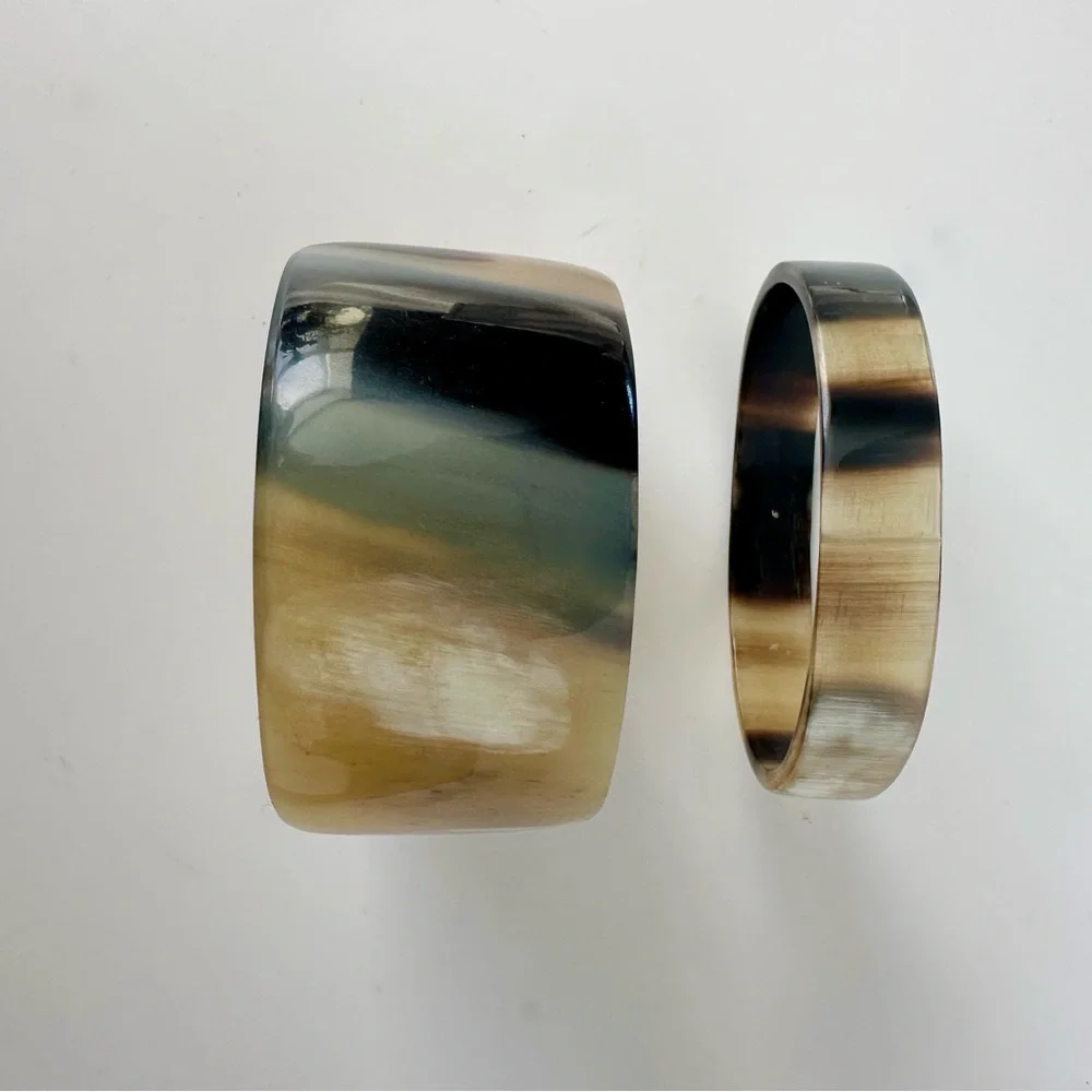 2 Vintage Natural Horn Bangle Handcrafted Bracelets, Brown Beige Black, Set